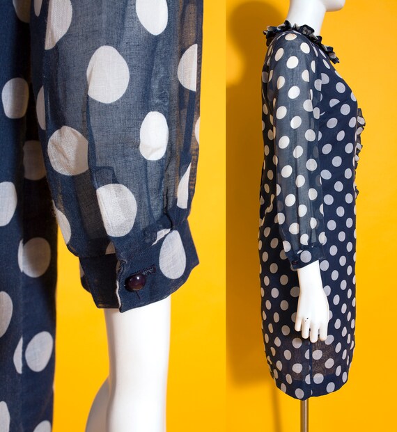 Iconic Vintage 60s Navy Blue & White Polka Dot Mo… - image 8