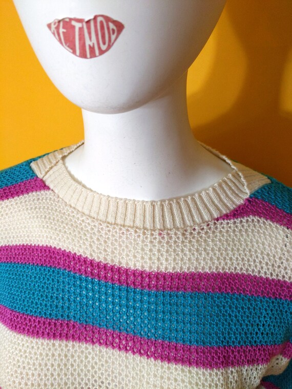 Fun Vintage 70s 80s Teal Magenta Stripe Open Net … - image 3