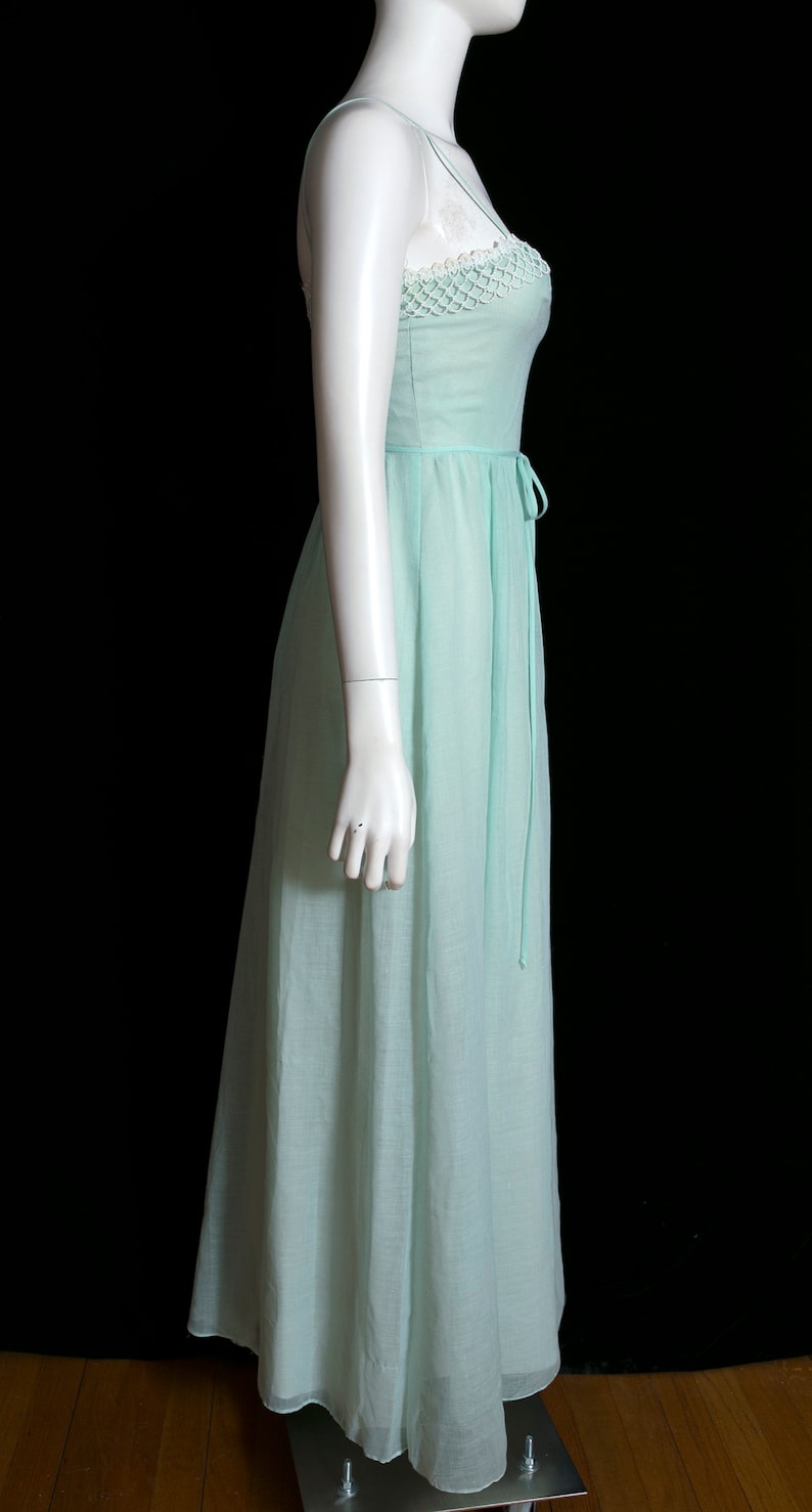 Lovely Vintage 70s Light Minty Green Cotton Maxi Dress with Pretty White Trim image 7