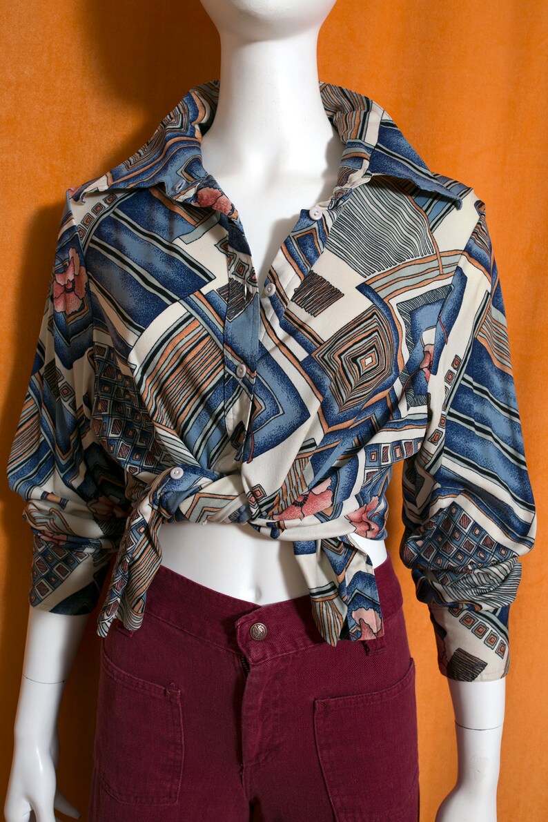 Unique Vintage 70s Blue Brown Abstract Patterned Long Sleeve Collared Shirt image 10