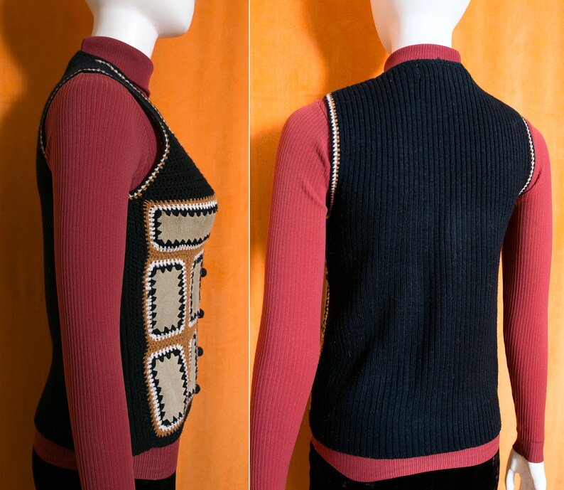 Boho Vintage 70s Black Tan Brown Suede Patchwork Vest image 7