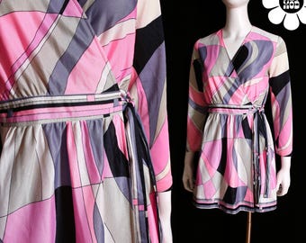 Sexy Vintage 60s 70s Pink & Gray Pucci-Style Psychedelic Wrap Dress
