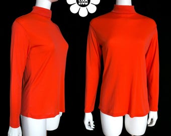Vintage 60s 70s Orangey Red Mock Neck Long Sleeve Nylon Stretch Top