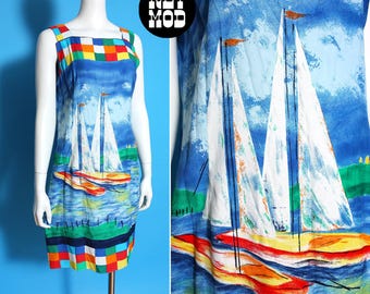 Unique Vintage 90s Sailboat and Colorful Squares Novelty Print Rayon Mini Sun Dress