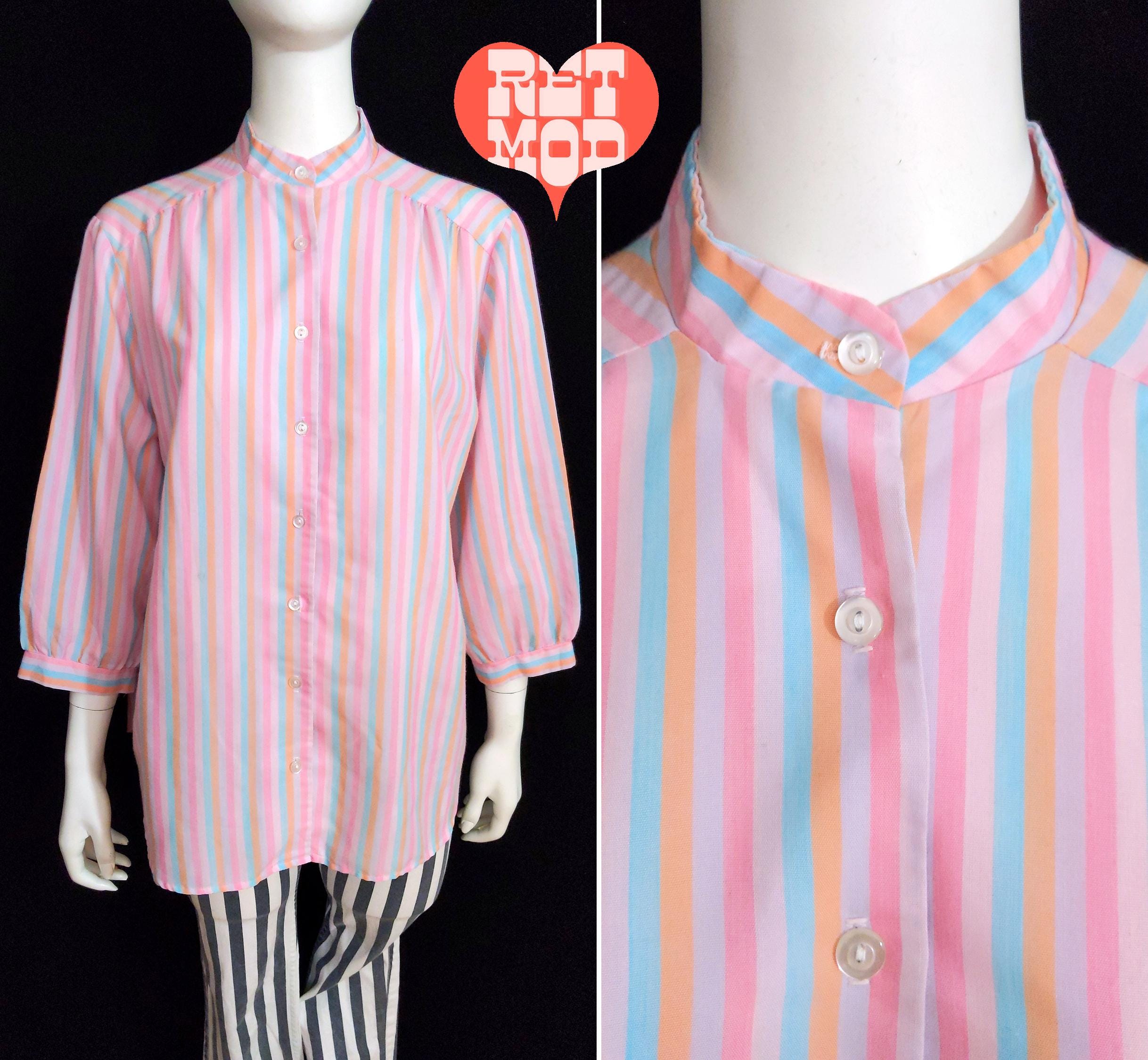 Comfy Vintage 70s 80s Pastel Pink Blue Peach Stripe Oversized Button Down Blouse