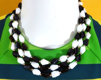 Wear Short or Long - Vintage 60s 70s Black & White Faceted Beaded Long Necklace