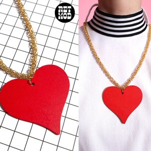 Groovy Vintage 70s 80s Chunky Gold Chain Pendant Necklace with Red Wood Heart Pendant image 1