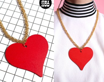 Groovy Vintage 70s 80s Chunky Gold Chain Pendant Necklace with Red Wood Heart Pendant