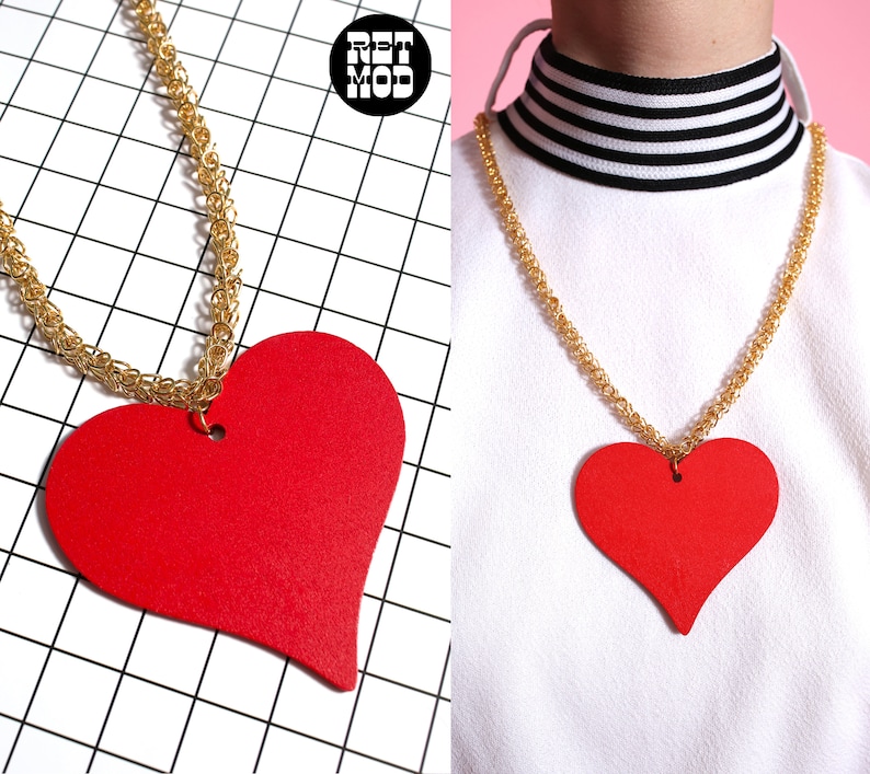 Groovy Vintage 70s 80s Chunky Gold Chain Pendant Necklace with Red Wood Heart Pendant image 1