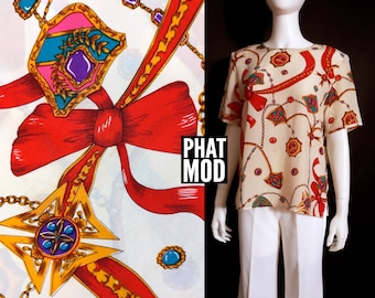 Iconic Vintage 80s 90s Baroque Style Print with Red Bows Silk Short Sleeve Top
