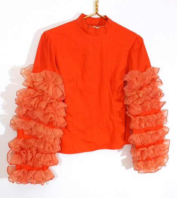 INSANE Vintage 60s 70s Bright Orange Cotton Shirt… - image 5