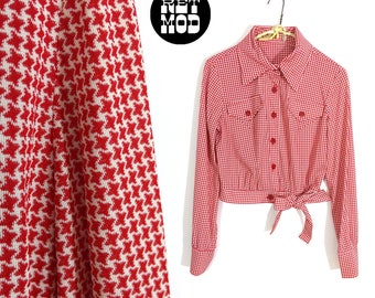 Cute Vintage 60s 70s Red White Houndstooth Long Sleeve Collared Shirt with Tie Bottom