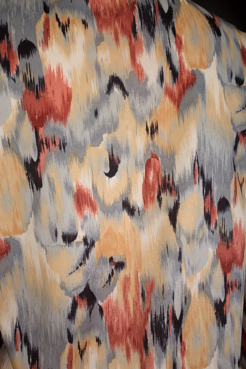 Lovely Vintage 70s Natural Colors Ikat Abstract Pattern Neck Tie Long Sleeve Hippie Blouse Shirt Top