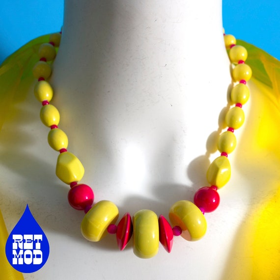 Bright Chunky Vintage Yellow Pink Beaded Statemen… - image 1