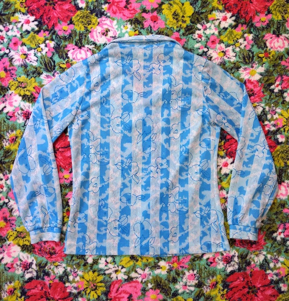 Vintage 70s 80s Pretty Blue Floral Stripe Print B… - image 8