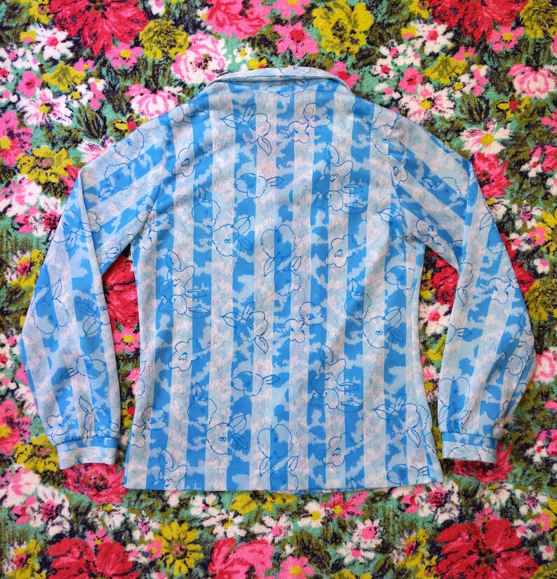 Vintage 70s 80s Pretty Blue Floral Stripe Print Blouse image 8