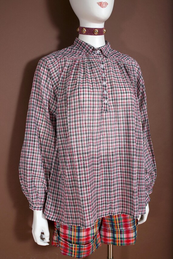 Billowy Boho Vintage 70s 80s Maroon & Gray Plaid … - image 2