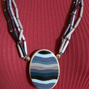 Chunky Vintage 70s 80s Blue Stripe Ceramic Statement Necklace image 3