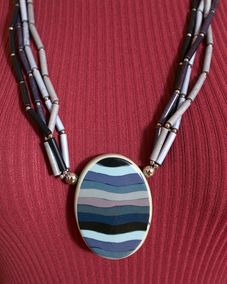 Chunky Vintage 70s 80s Blue Stripe Ceramic Statement Necklace image 3