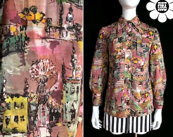 Vintage 70s Pink Yellow Green Fruit & Buildings Italy Novelty Print Short Sleeve Collared Shirt