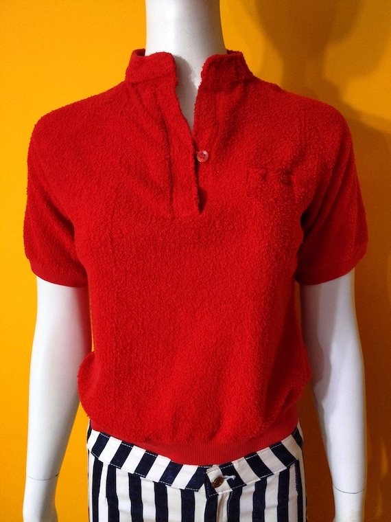 Cool Vintage 70s 80s Bright Red Terrycloth Top - image 2