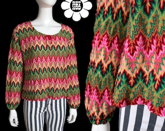 Beautiful Vintage 60s 70s Pink Green Bargello Woven Peasant Blouse