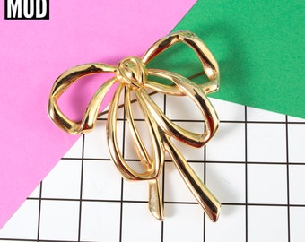 Huge Vintage 80s 90s Shiny Gold Bow Brooch