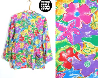 Super Cute Vintage 80s 90s Colorful Tropical Novelty Print Jacket with Gold Starfish Buttons