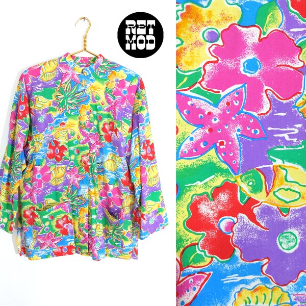 Super Cute Vintage 80s 90s Colorful Tropical Novelty Print Jacket with Gold Starfish Buttons