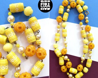 Unique Vintage Yellow Carved Lucite Beaded Longer Necklace