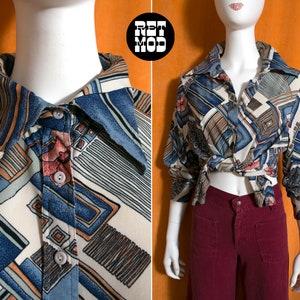 Unique Vintage 70s Blue Brown Abstract Patterned Long Sleeve Collared Shirt image 1