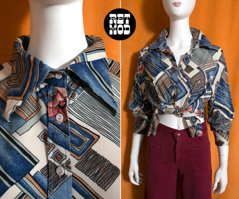 Unique Vintage 70s Blue Brown Abstract Patterned Long Sleeve Collared Shirt image 1