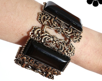 Statement Vintage 70s Chunky Black Lucite Art Nouveau Style Link Bracelet