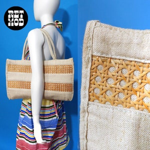 NWOT Vintage años 70 beige estilo natural bolso ancho con frente de celosía