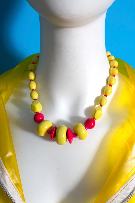 Bright Chunky Vintage Yellow Pink Beaded Statemen… - image 2