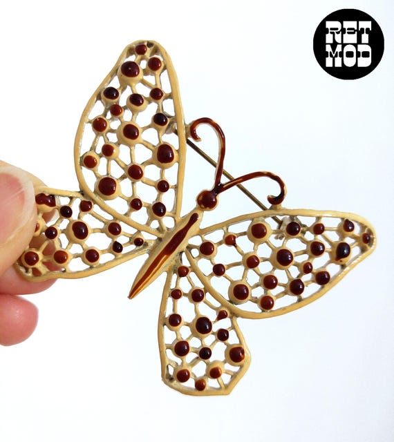Broche Papillon Vintage Années 70 - Alliage Doré Et Résine Brillante Mordorée - Occasion