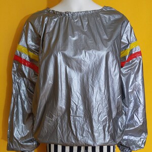 Rad Vintage 80s Gray Rain / Warm-Up Pullover Vinyl Jacket Top with Red Yellow Stripes image 5