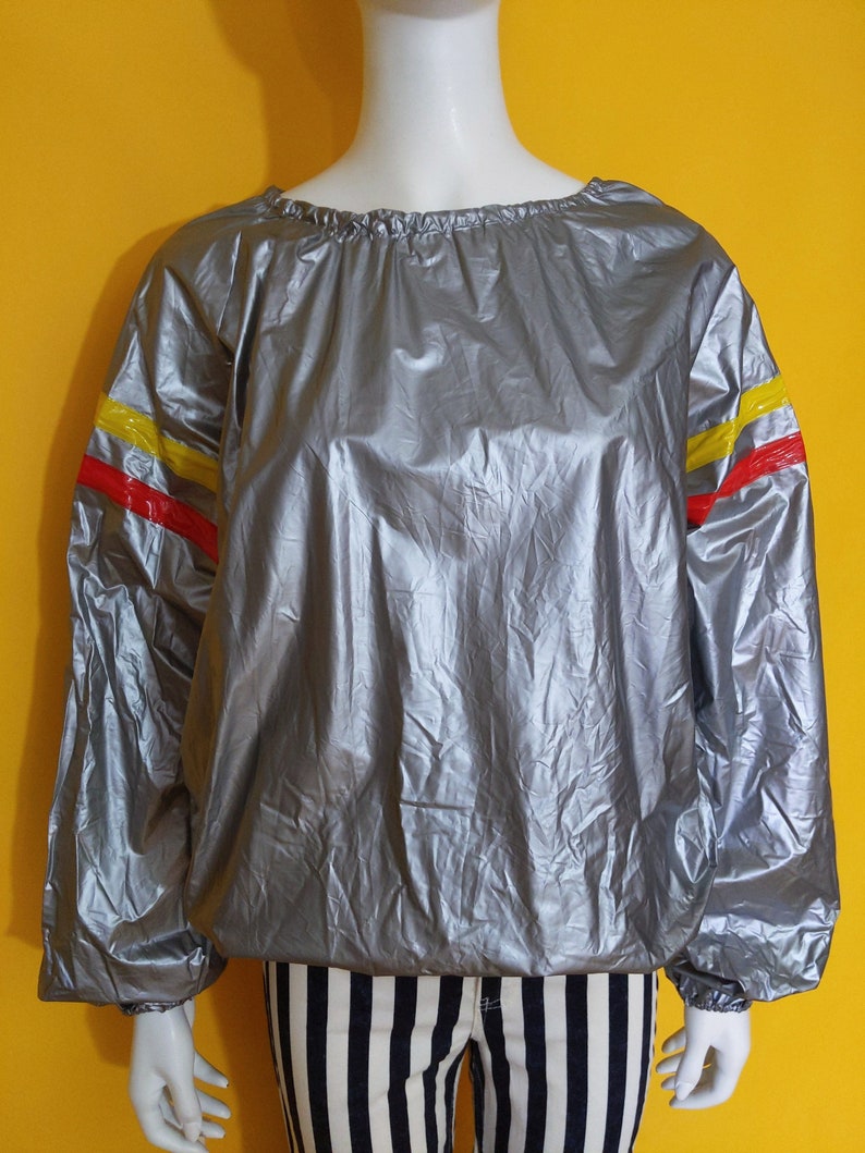 Rad Vintage 80s Gray Rain / Warm-Up Pullover Vinyl Jacket Top with Red Yellow Stripes image 5