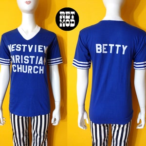 Soft & Comfy Vintage 60s 70s Blue T-Shirt with Writing