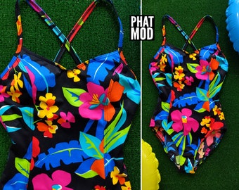 Fun & Comfy Vintage 90s Y2K Colorful Tropical Flowers One-Piece Swimsuit