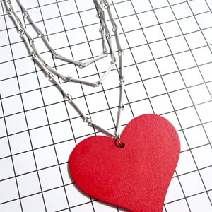 Groovy Vintage 60s 70s White Bar Chain Extra Long Necklace with Red Wood Heart Pendant image 4