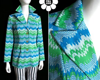 Blazer vintage espetacular dos anos 60/70 com estampa psicodélica em zigue-zague azul e verde.