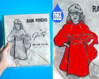 Groovy DEADSTOCK Vintage 70s 80s Red Vinyl Rain Poncho with Hood & Center Pocket