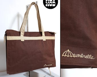 Vintage 70s 80s Brown Canvas Tote Bag with Bottom Umbrella Zip Closure