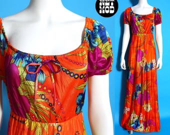 Absolutely Stunning Vintage 60s 70s Rich Orange Flower Power Slinky Shiny Babydoll Maxi Dress