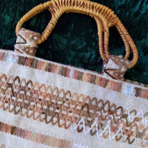 Vintage 70s 80s Beige Embroidered Chevron Patterned Burlap Purse with Wicker Handles image 4