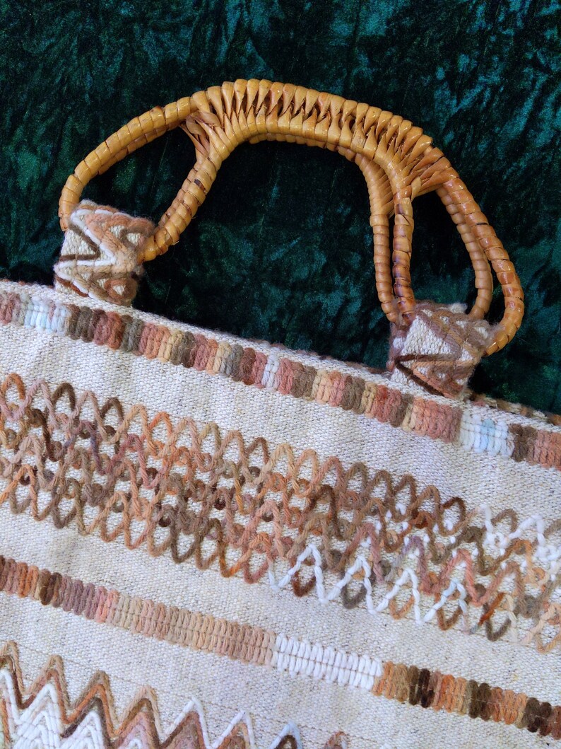 Vintage 70s 80s Beige Embroidered Chevron Patterned Burlap Purse with Wicker Handles image 4