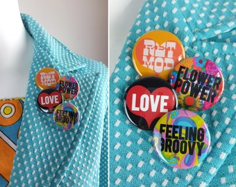 RETMOD SPECIAL EDITION, Groovy 60s 70s Themed, Retro Inspired Buttons - Set 1