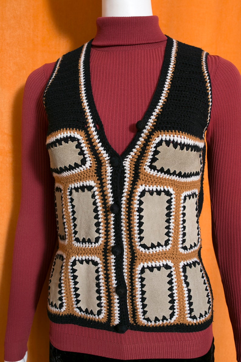 Boho Vintage 70s Black Tan Brown Suede Patchwork Vest image 2