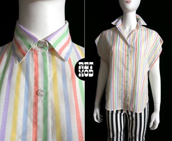 Cool Vintage 80s Pastel Rainbow Stripe Button Dow… - image 1